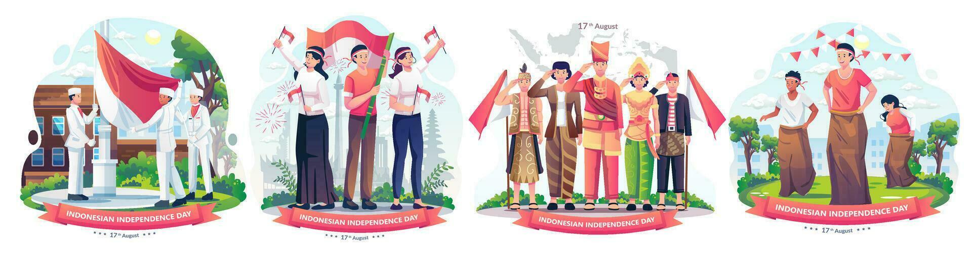 Set of People celebrate Indonesia's independence day on August 17th Illustration vector