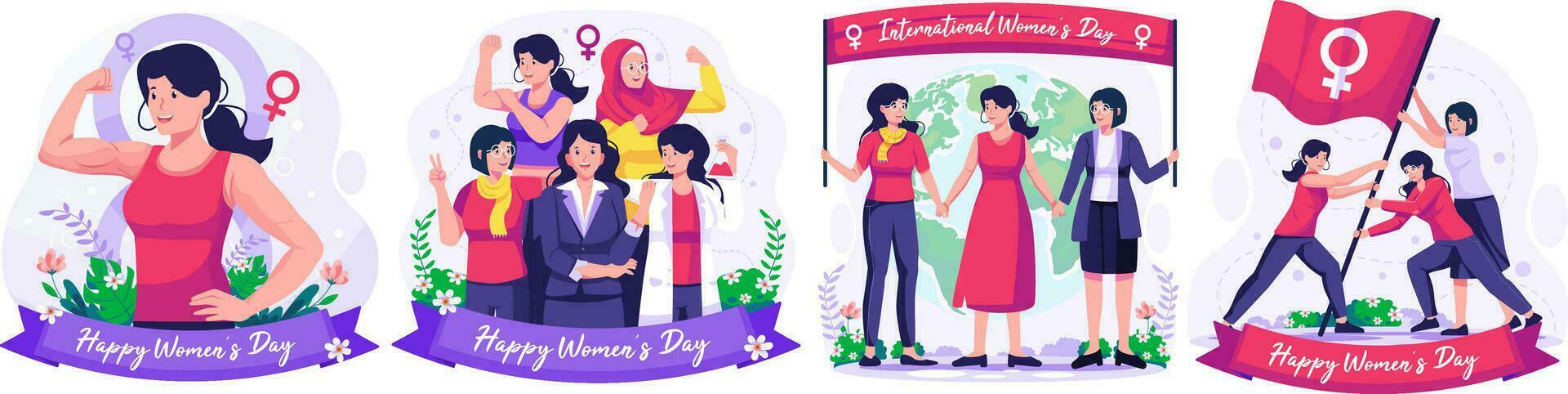 Illustration Set of International Women's Day concept with happy multinational diverse women celebrate womens day. Struggling for freedom and independence vector