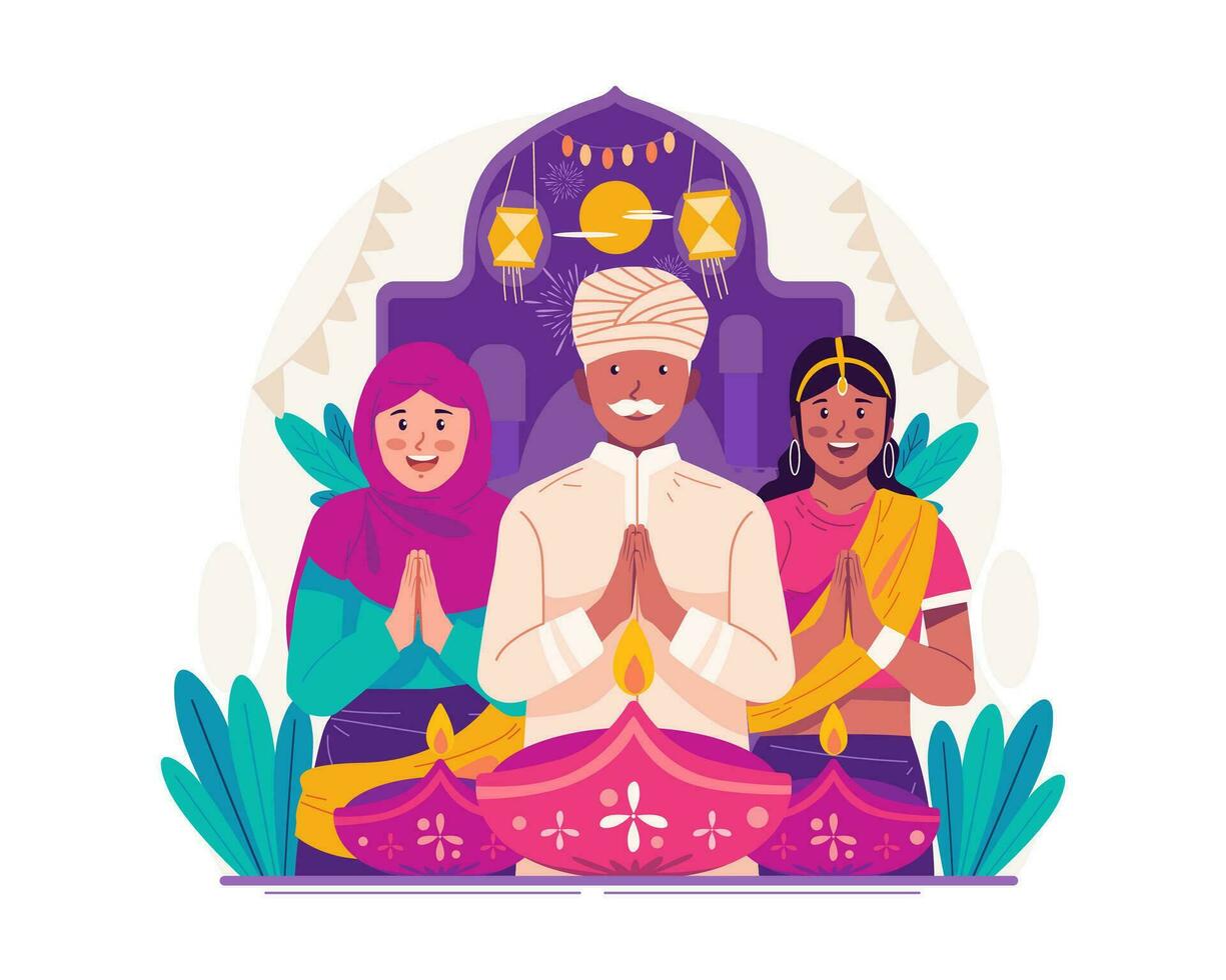 Happy Diwali Greetings. Indian People With Hand Greeting Posture of Namaste Celebrate Diwali, the Traditional Hindu Festival of Lights vector
