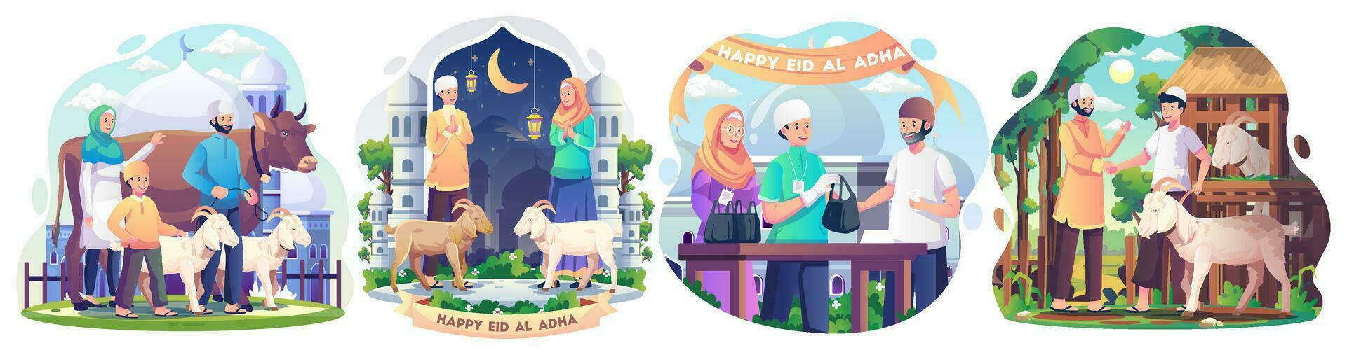 Set of Happy Muslim family celebrates Eid Al Adha Mubarak with a goat in a front mosque. Flat style vector illustration