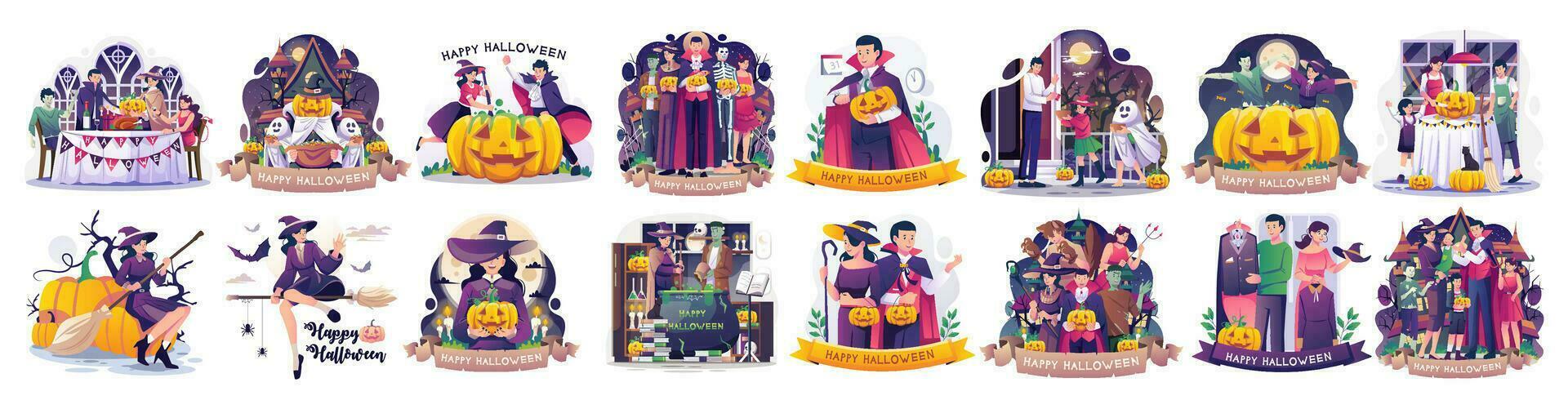 Set collection of Halloween concept illustration with People in costumes celebrating Halloween illustration vector