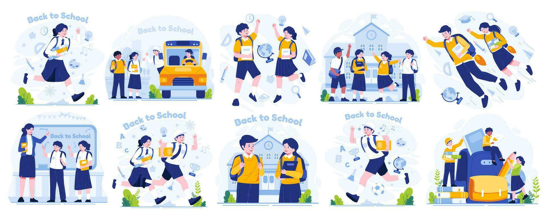 Illustration Set of Back to School. Cute School Boy and School Girl. Students are happy to go Back to School. Flat-style vector illustration
