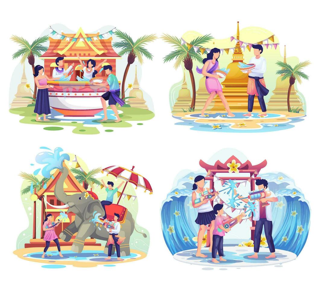 Set of People celebrate the Songkran festival Thailand Traditional New Year's Day. Vector Illustration