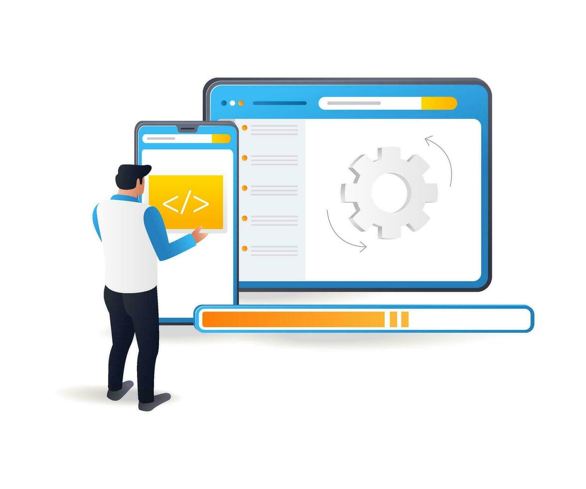 Men carry out system maintenance technology updates vector