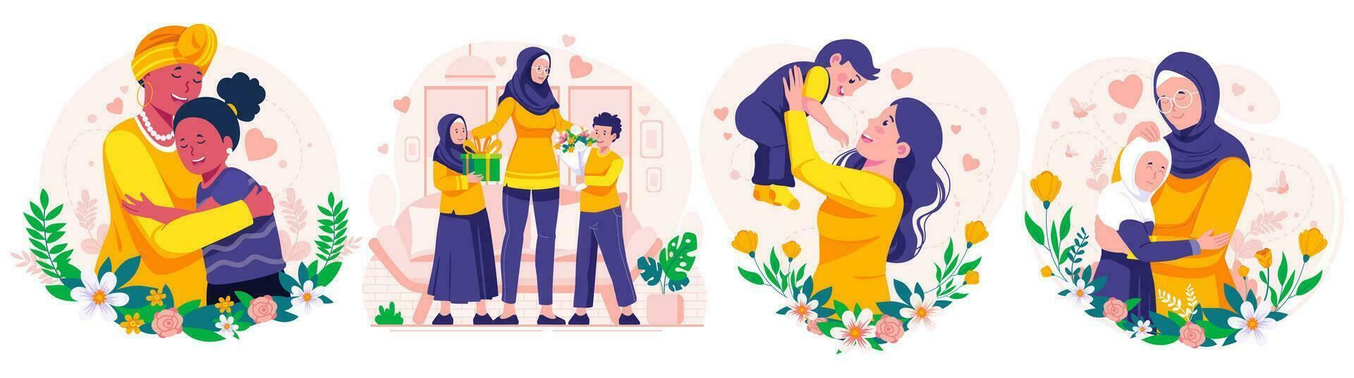 Illustration Set of Mother's Day.  Mother, Daughter, and Son. Mother Holding Baby In Arms. Mother hugging her daughter. Vector illustration