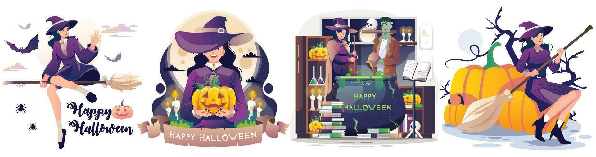 Set of Witch woman in Halloween dress concept illustration vector