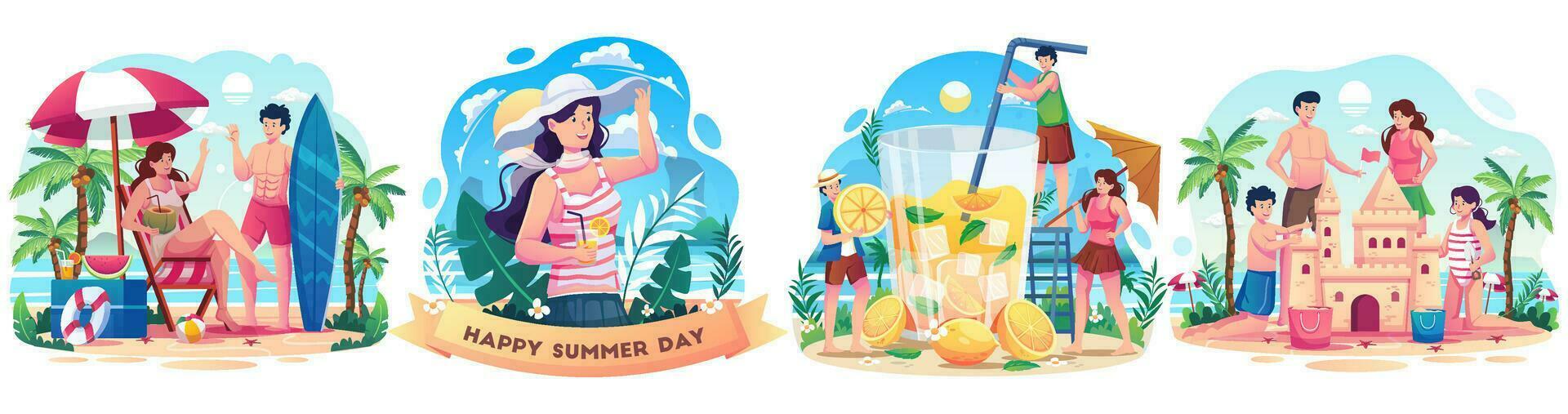 conjunto de concepto de verano con gente disfrutando de las vacaciones durante el verano. gente feliz jugando en la playa. ilustración vectorial de estilo plano vector