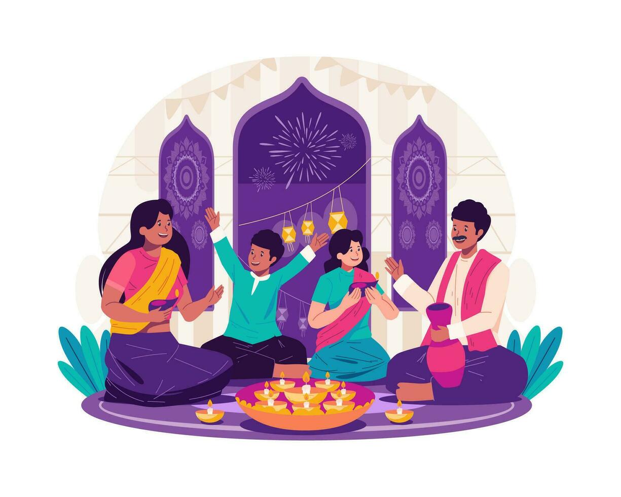 contento diwali saludos. indio familia celebrar Día de la Independencia, el tradicional hindú festival de luces vector