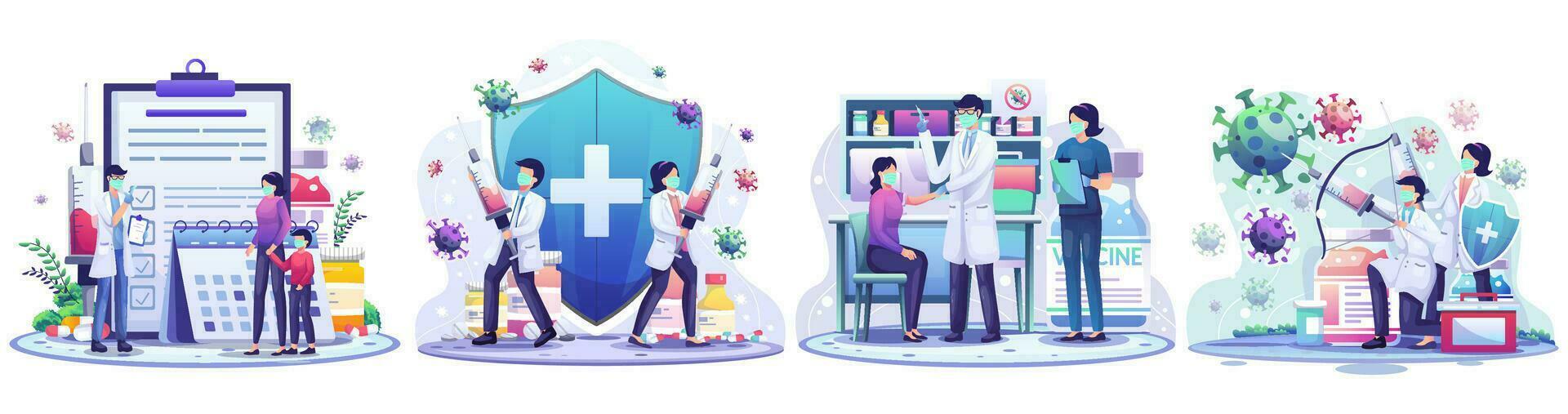 Set of Vaccination concept illustration. People vaccination for immunity health. Time to vaccine. Flat style vector illustration