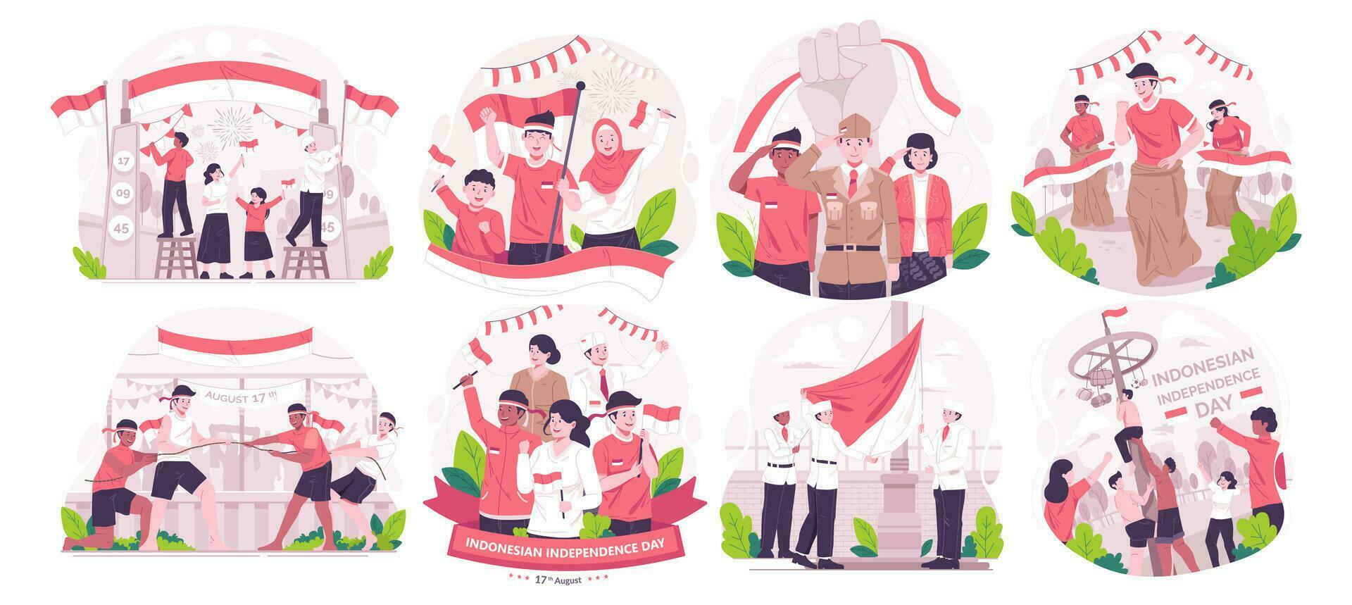 ilustración conjunto de personas celebrar de indonesia independencia día por participación el rojo y blanco indonesio bandera. Indonesia independencia día en agosto 17 concepto vector
