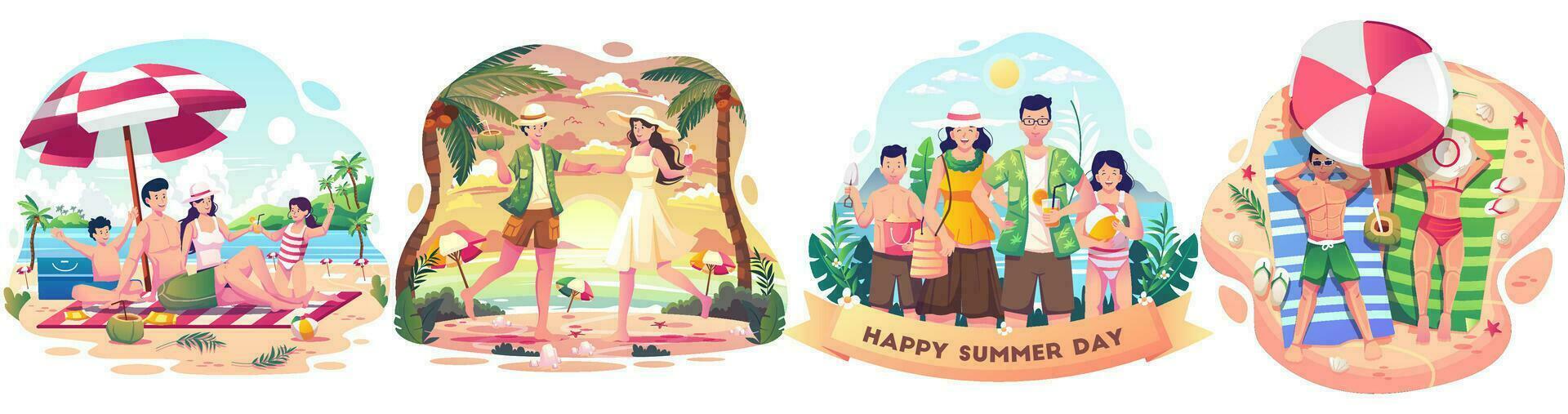 conjunto de verano concepto con personas disfrutando Días festivos en el playa durante verano. contento personas jugando en el playa. plano estilo vector ilustración