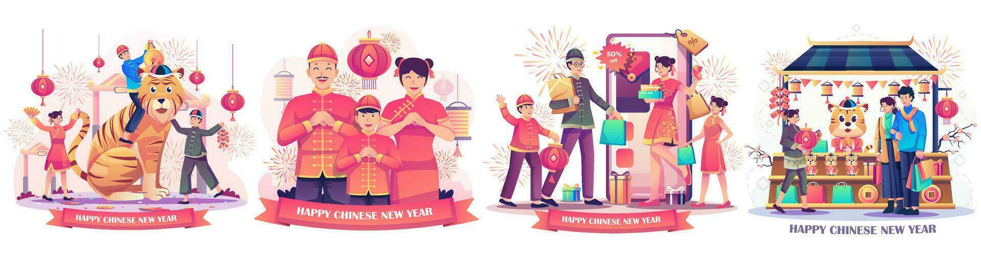 conjunto de año nuevo chino con personas celebra el año nuevo lunar. niños jugando con un león del zodiaco. compras familiares en línea. pareja de compras en la tienda del mercado callejero. ilustración vectorial de estilo plano vector