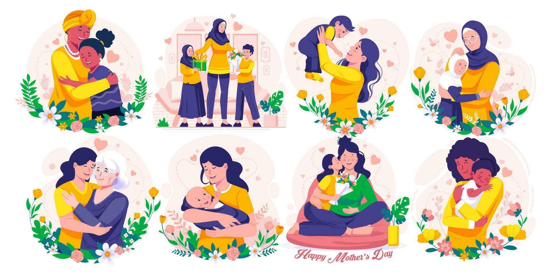 Illustration Set of Mother's Day.  Mother, Daughter, and Son. Mother Holding Baby In Arms. Mother hugging her daughter. Vector illustration