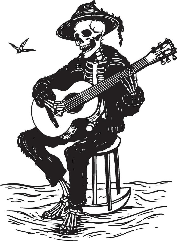 The skeleton wears a witch's hat and plays the guitar vector