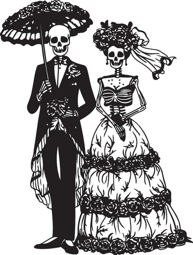 Couple Dia De Los Muertos Skeleton in wedding illustration vector