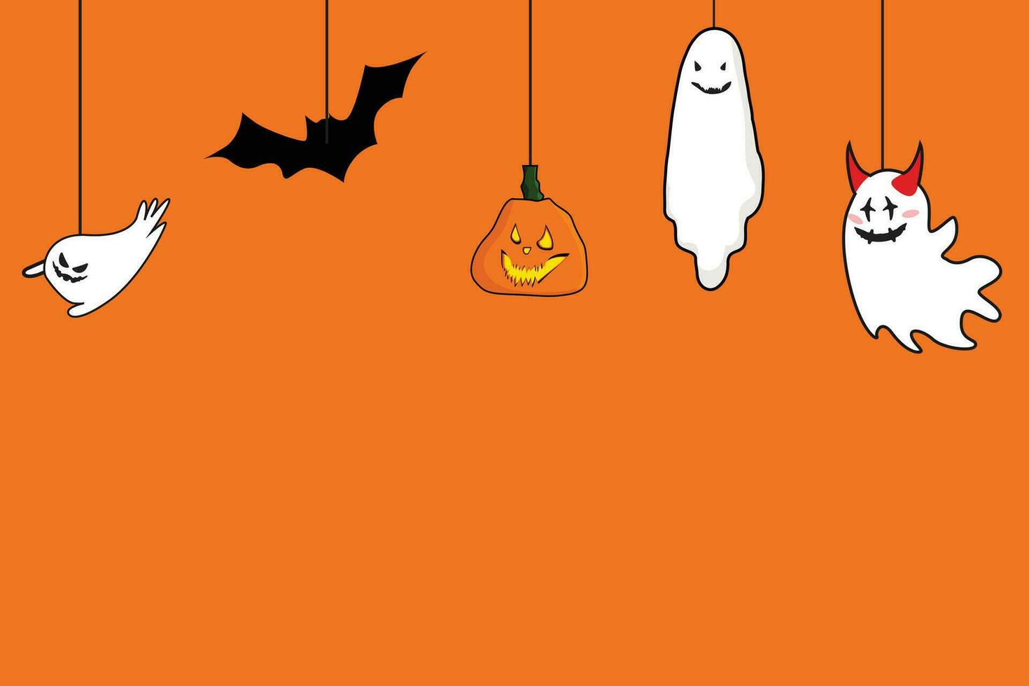 vector orange Halloween background with ghost elements and hanging pumpkins in the copy space area