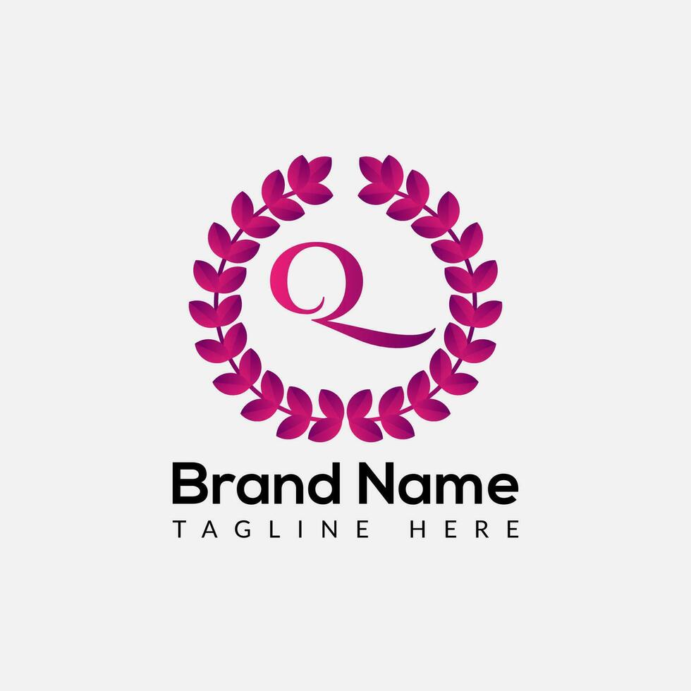 Leaf Logo On Letter Q Template. Leaf On Q Letter, Initial Fashion and Beauty Sign Concept vector