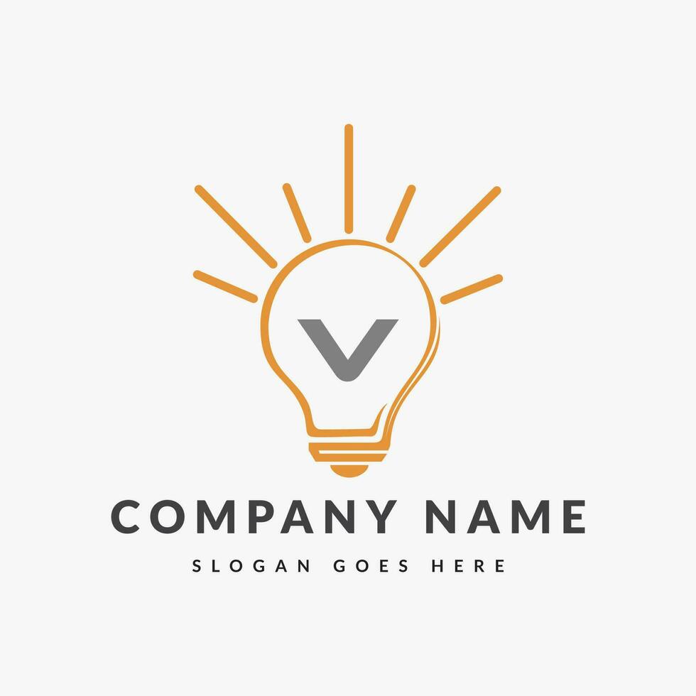 Letter V Electric Logo, Letter V With Light Bulb Vector Template.