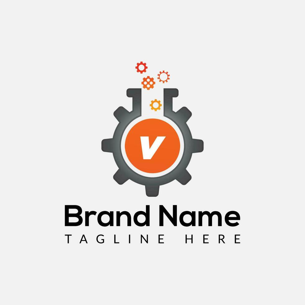 Gear Logo On Letter V Template. Lab On V Letter, Initial Gear and Lab Sign Concept vector
