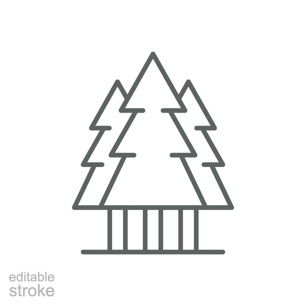 Pine tree icon. Simple outline style. Three trees, fir, evergreen, forest concept. Thin line symbol. Vector illustration isolated. Editable stroke.