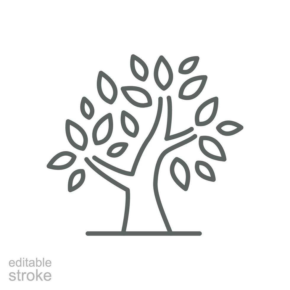 Stylized tree icon. Simple outline style. Growth branch, leaves, trunk, vintage concept. Thin line symbol. Vector illustration isolated. Editable stroke.