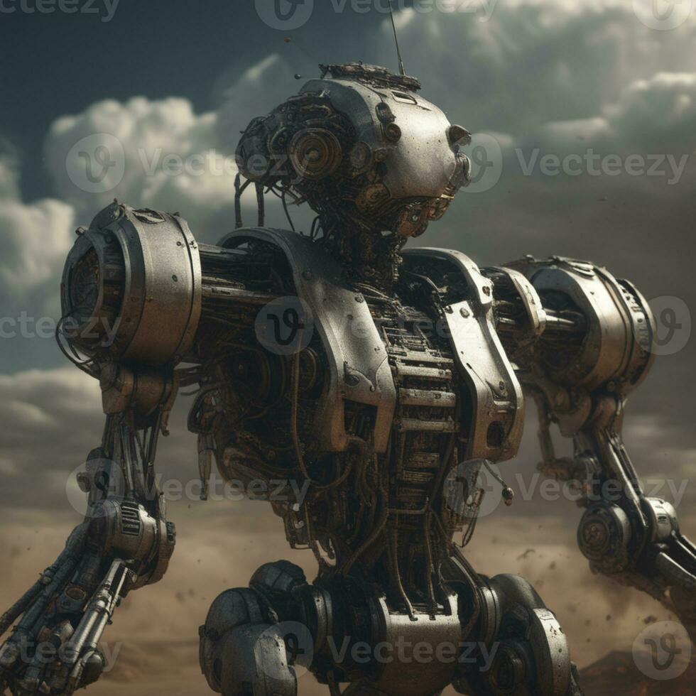 Ai generated content. Robot Warriors on the Frontline Futuristic Military Conflict photo