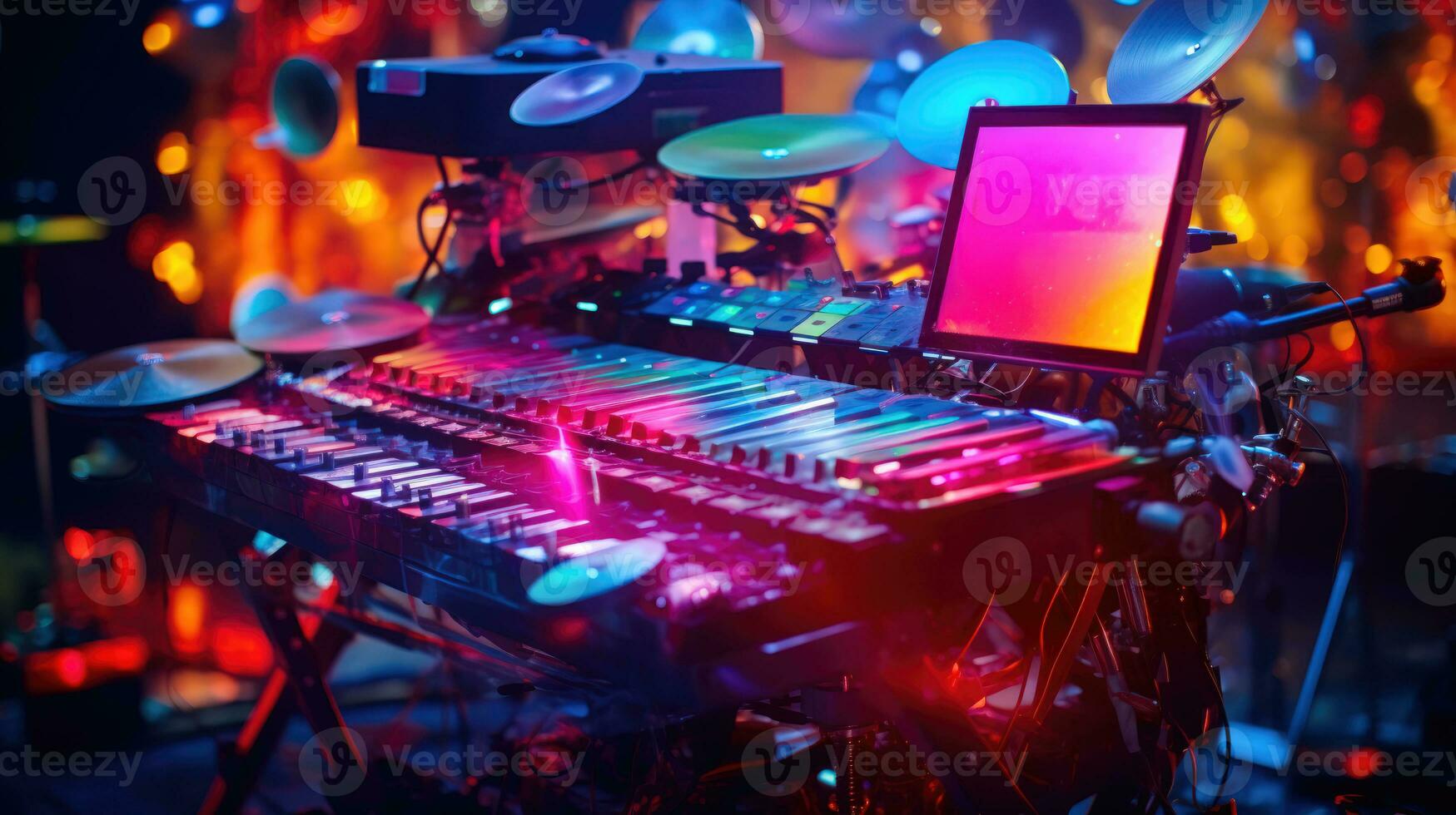 Neon infused Sound A Musical Artistry with Colorful Instruments AI Generated photo