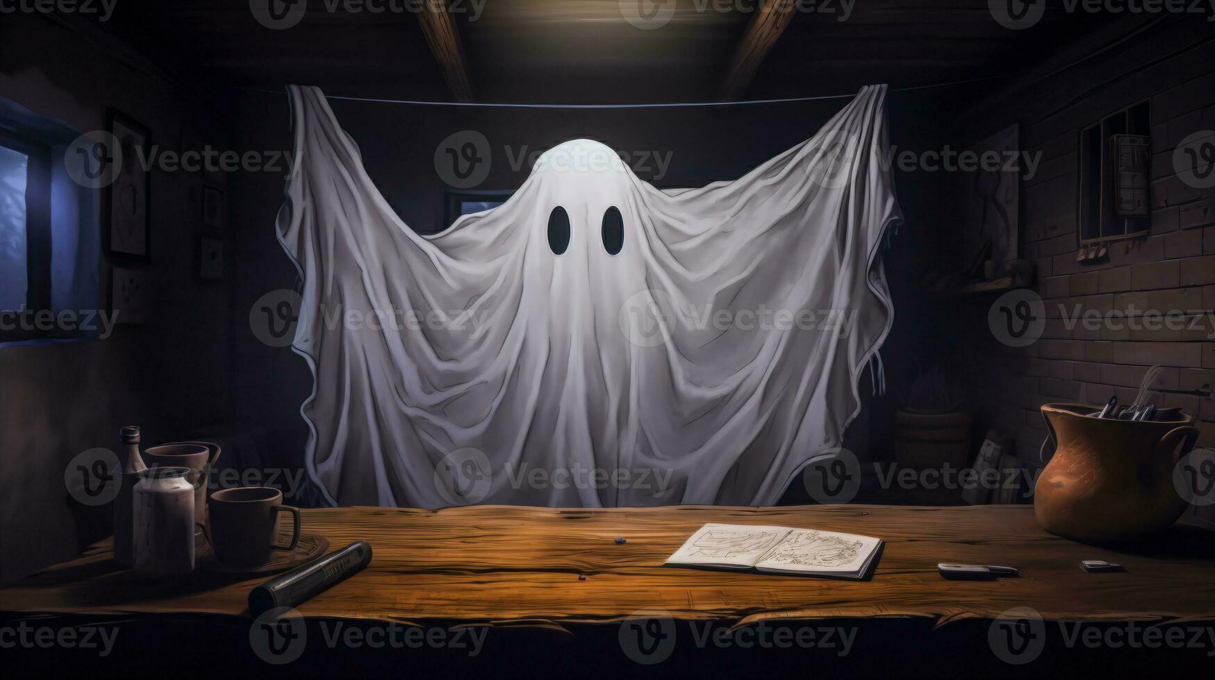 Halloween Background with Cute Ghost and Props AI Generated photo