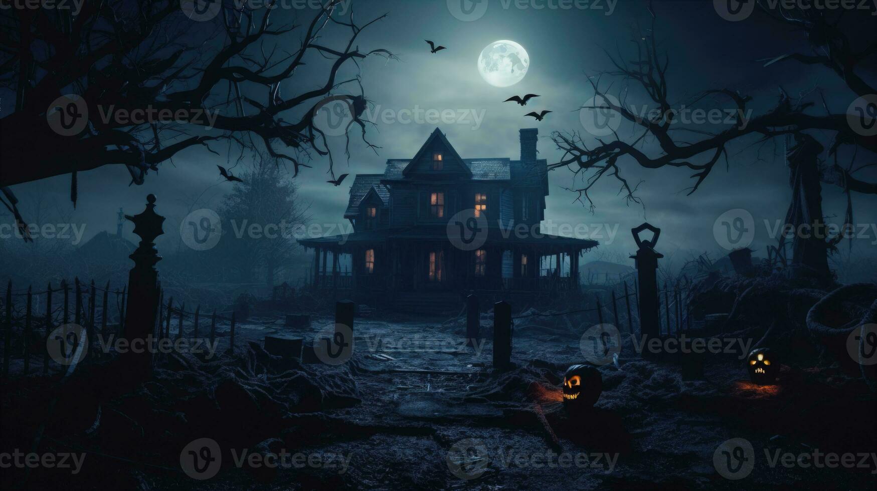 A Haunted House with a Full Moon A Haunted House with Jacko Lanterns and Crows AI Generated photo