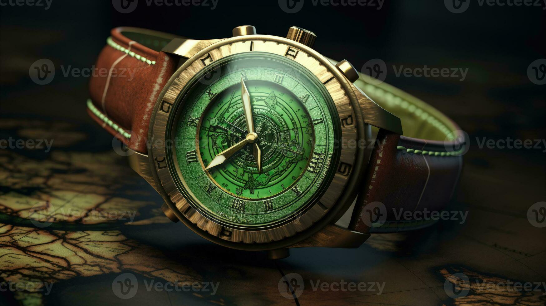 Tattoo of a Wristwatch and a Map A Luxurious Watch Theme with Brown and Green Colors AI Generated photo