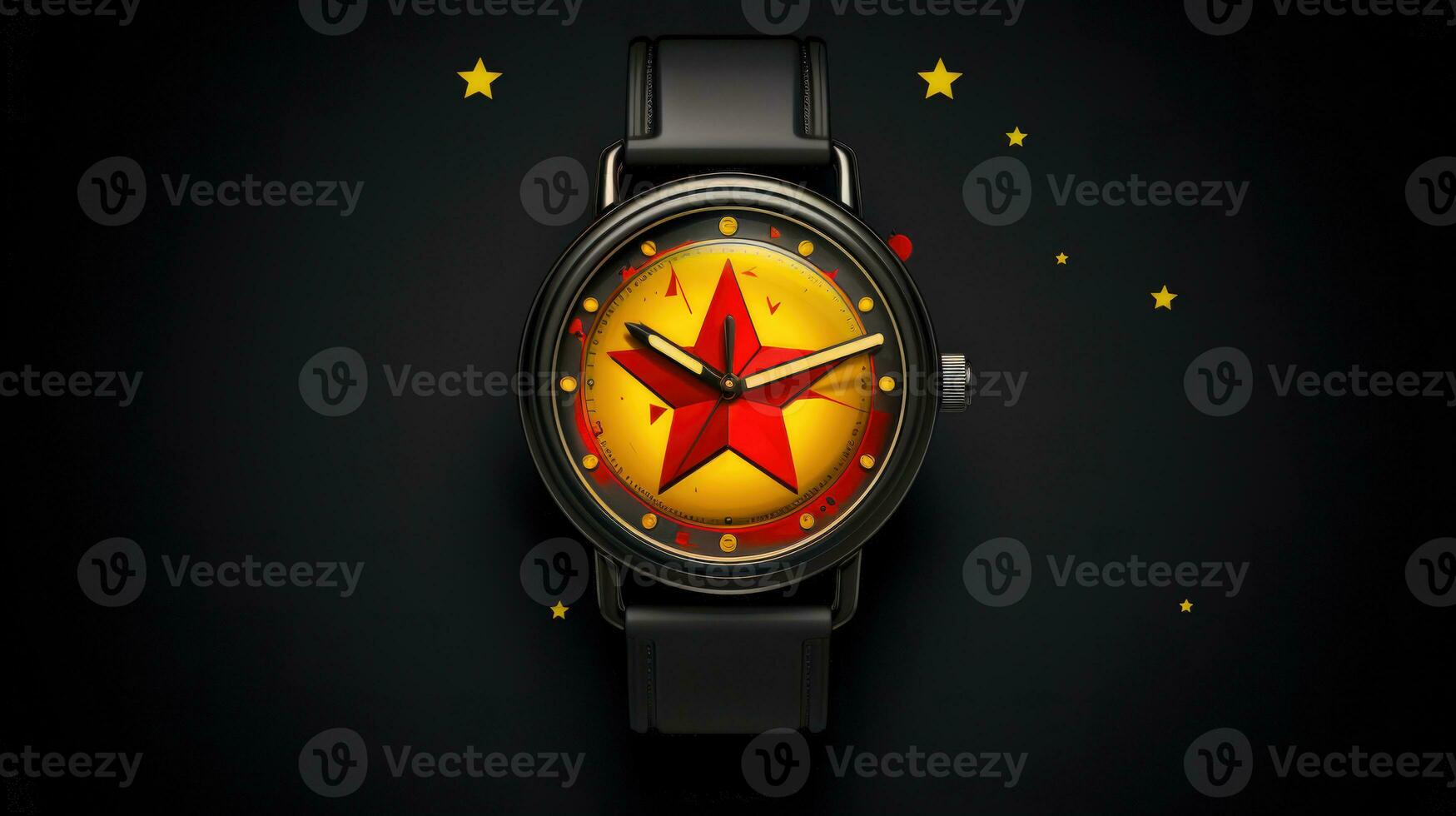 A Minimalist Tattoo of a Watch a Heart and a Star in Red and Yellow Colors AI Generated photo