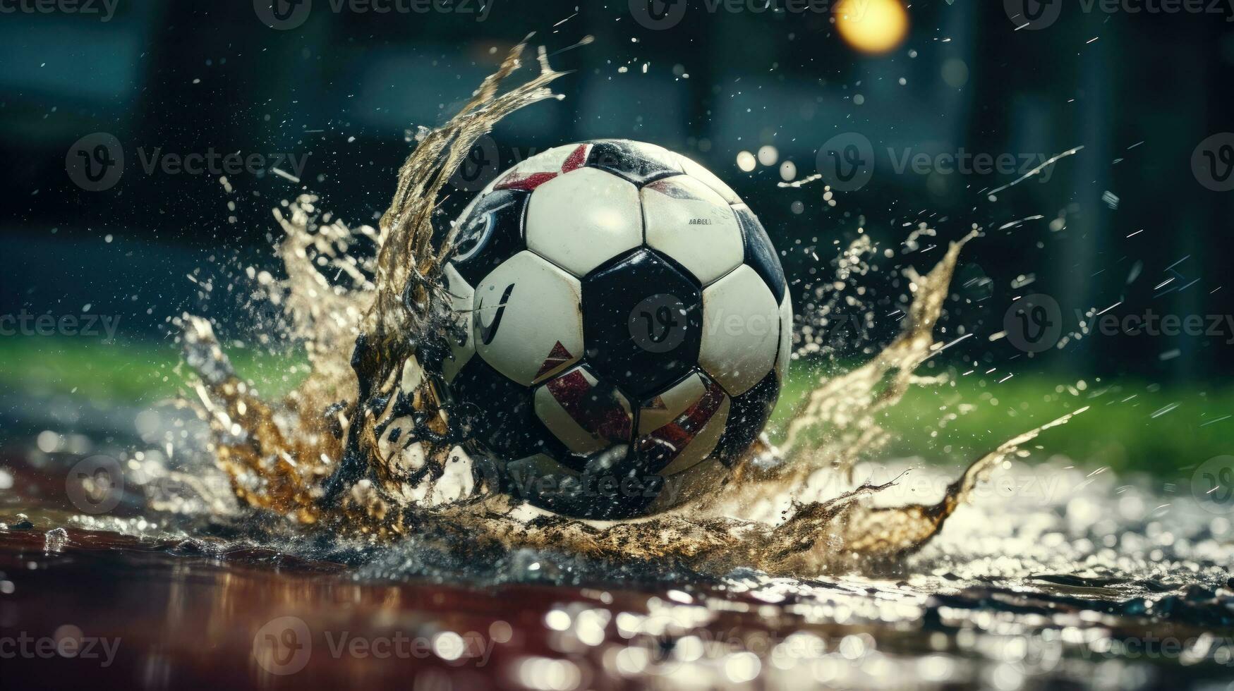 un dramático impacto de un fútbol pelota en un charco un deportivo y desafiante imagen ai generado foto