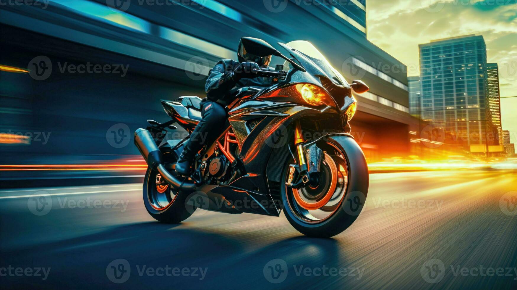 Riding a Motorcycle on a Highway with a Blurred Cityscape Ai Generated photo