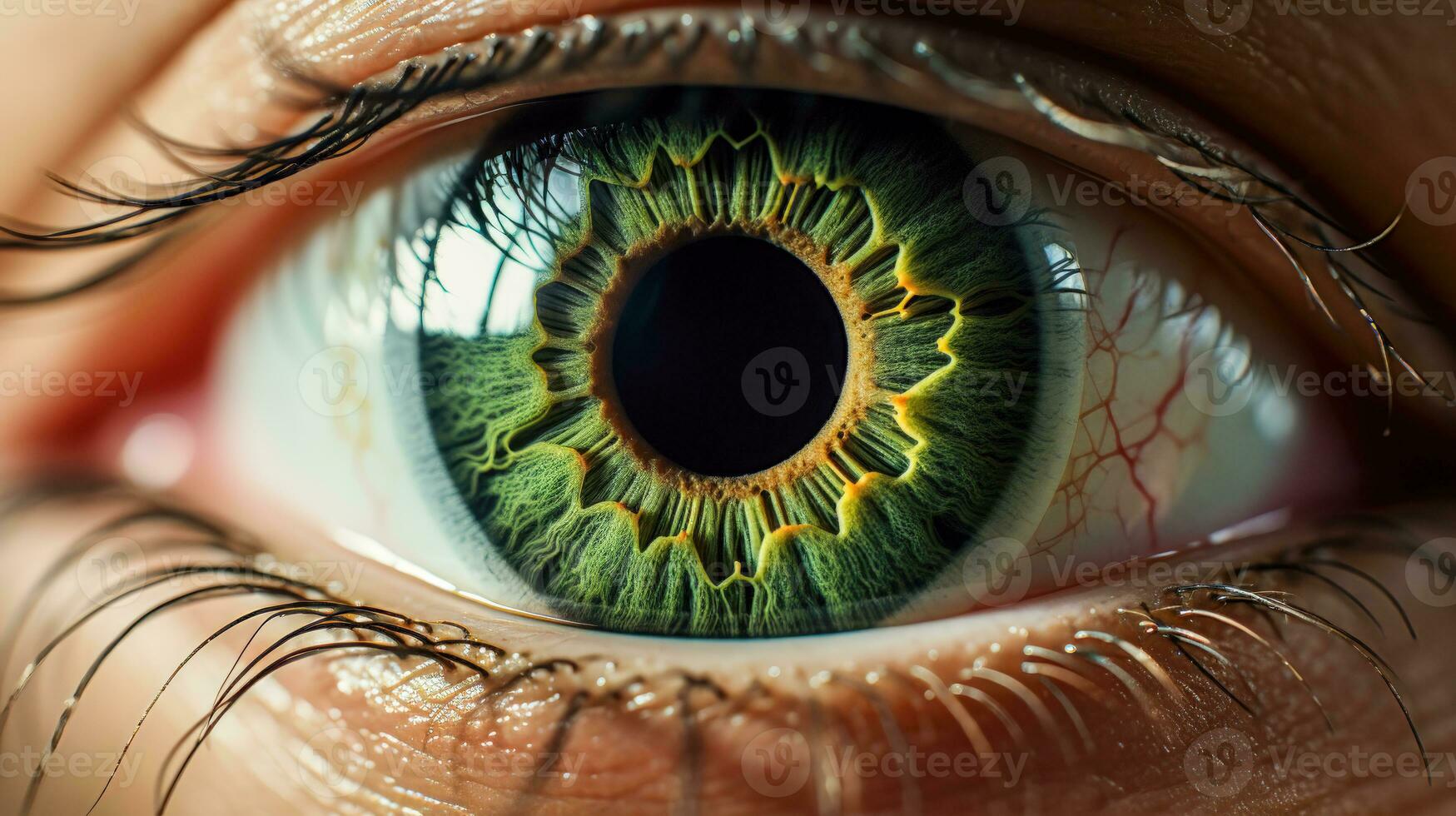 Closeup of a beautiful young woman's green eye with detailed iris Ai Generated photo