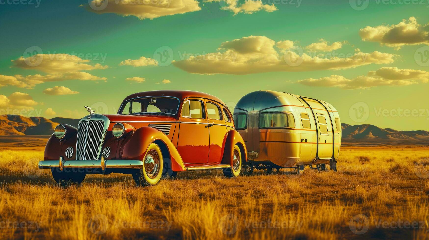 Clásico viaje experiencia retro coche y rv en escénico ruta ai generado foto