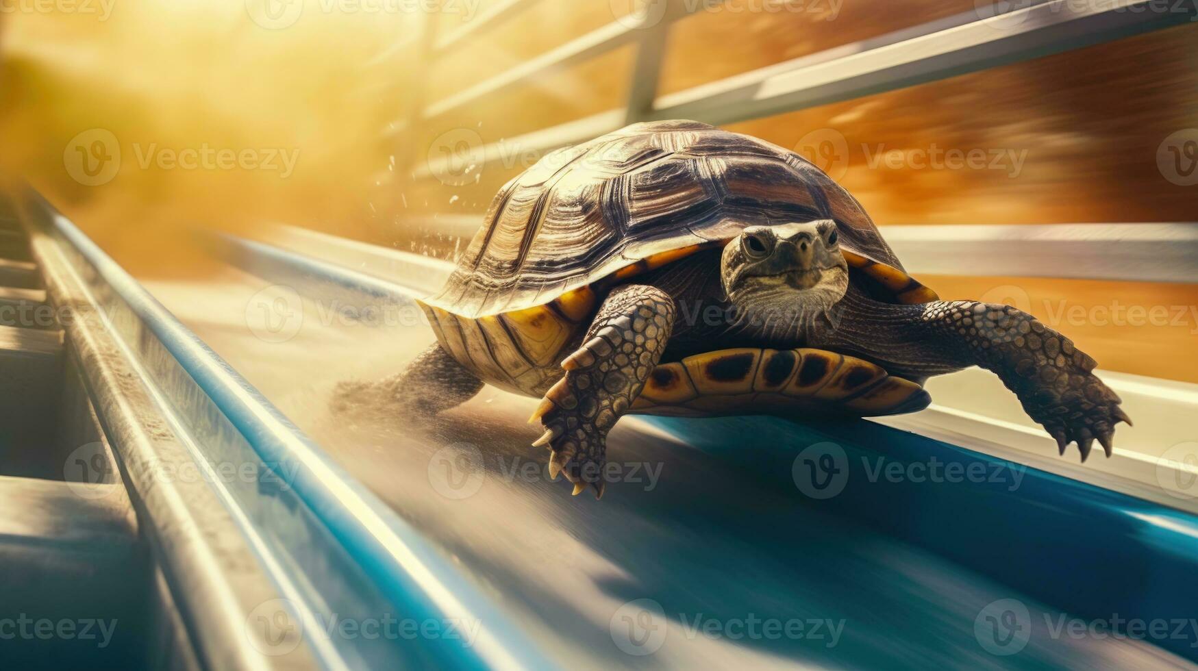 un tortuga corriendo abajo un azul diapositiva un divertido y adorable concepto ai generado foto