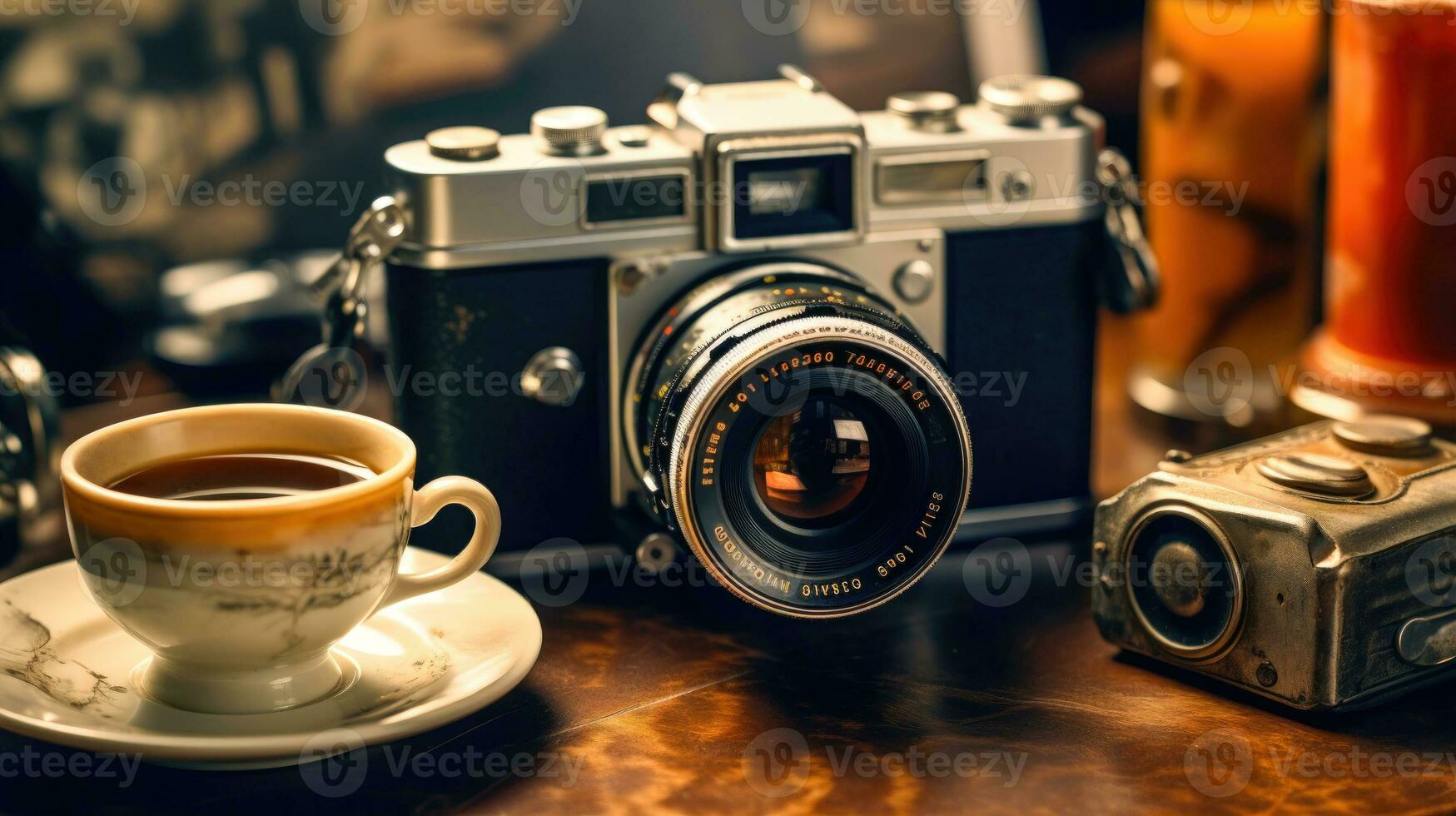 A Vintage Photography Photo of an Antique Camera and a Vintage Tea Time AI Generated