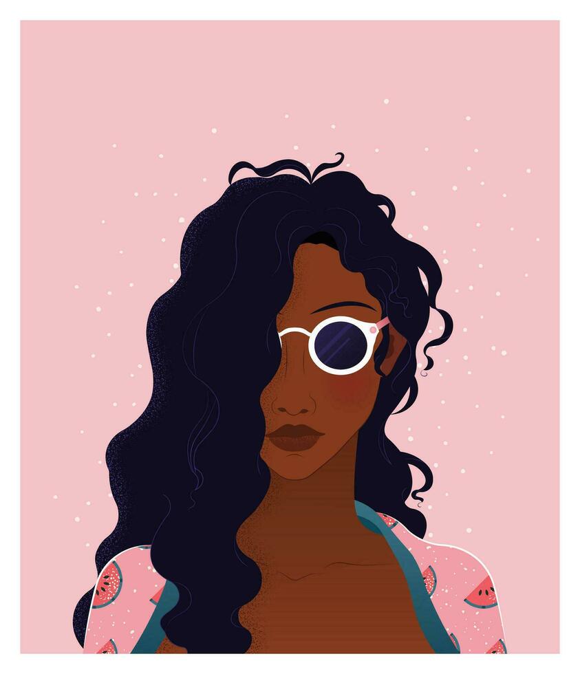 retrato de africano americano joven mujer con Rizado negro pelo en Gafas de sol. moderno vector ilustración en plano estilo en rosado fondo con blanco marco para huellas dactilares, cubrir, postales, avatar, carteles