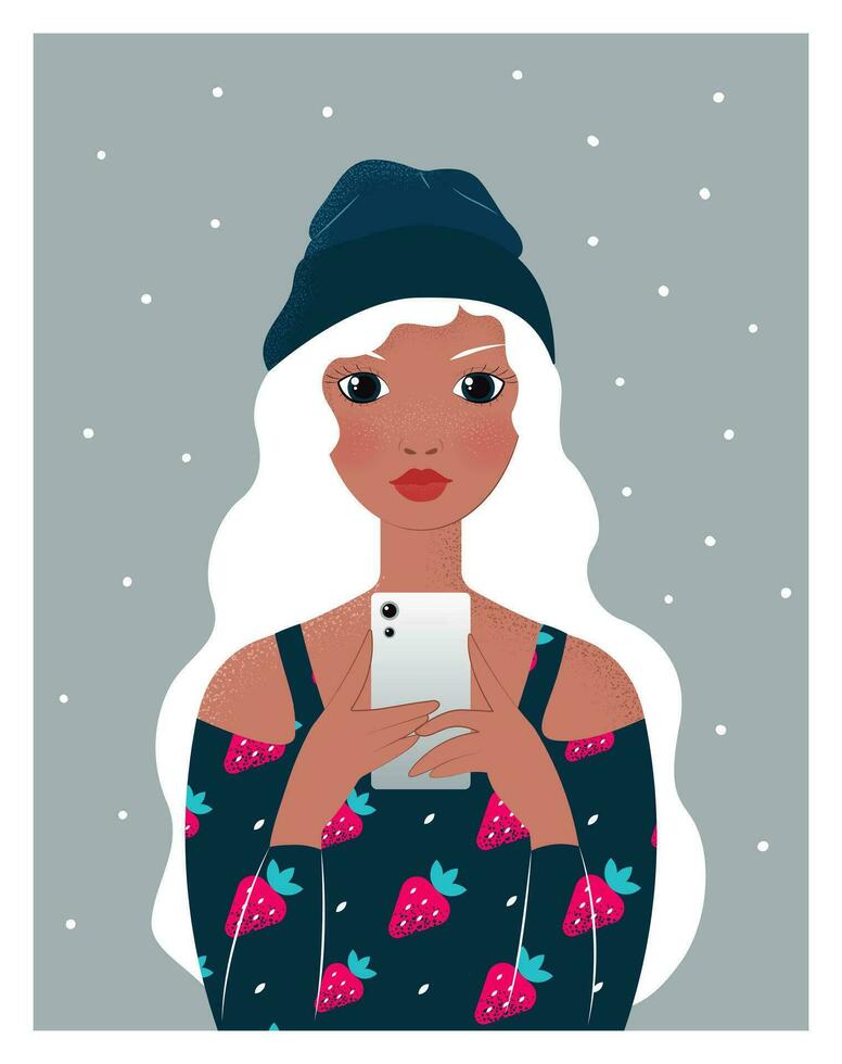 Young blonde teenager in casual clothing using her smartphone. Portrait of fashionable woman in cartoon flat style. Kawaii girl looking on smartphone, chatting, taking selfie. Vector art.