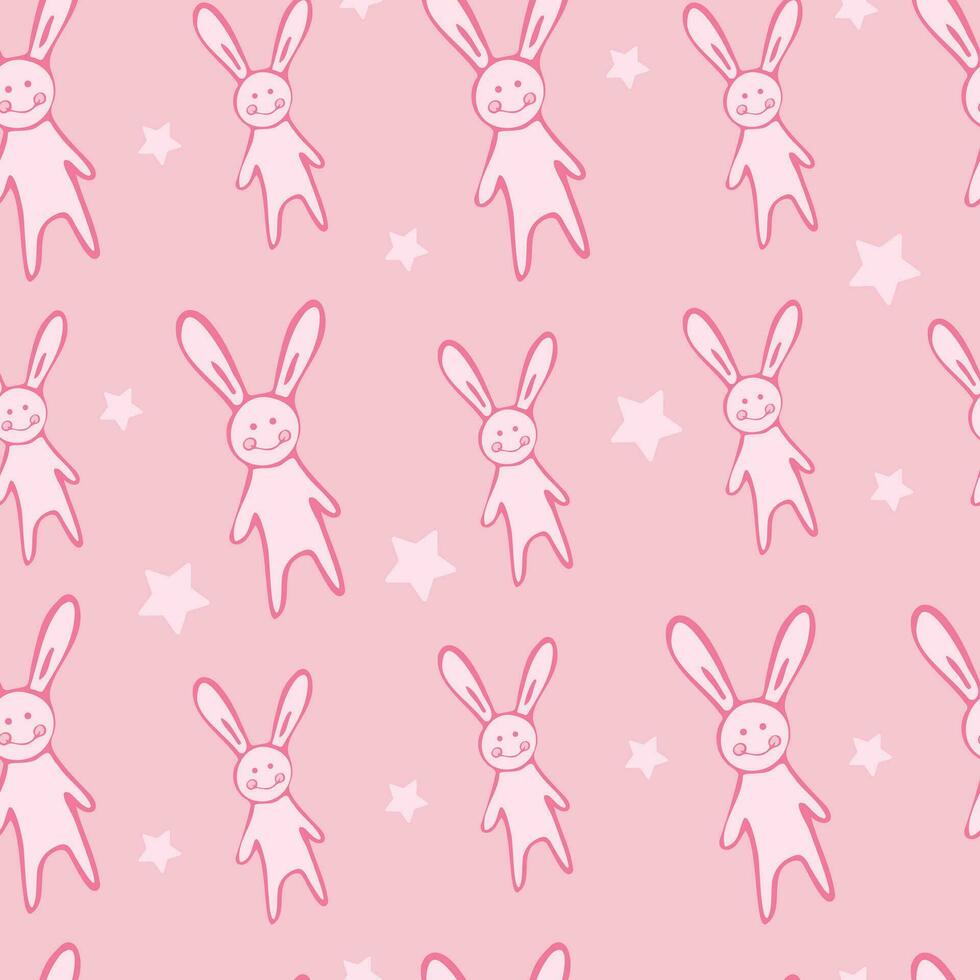 linda dibujos animados sin costura modelo con Conejo y estrellas en rosado antecedentes. diseño con conejito para niños. vector loseta para tela, imprimir, envoltura, textil. gracioso conejos en plano estilo.