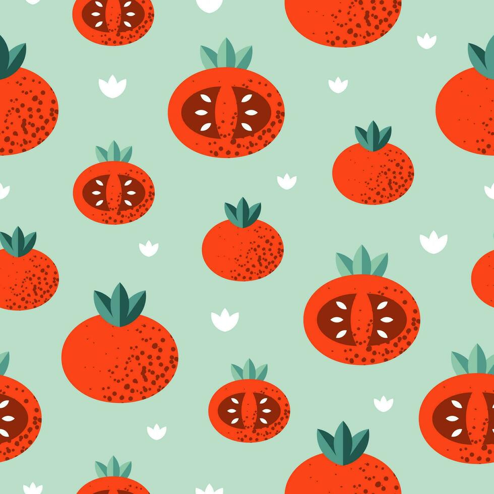 Seamless pattern with fresh red tomato on background. Trendy vector design with vegetables for summer, autumn fashion textile prints and backgrounds. Vegetarian and healthy food. Cartoon flat style.