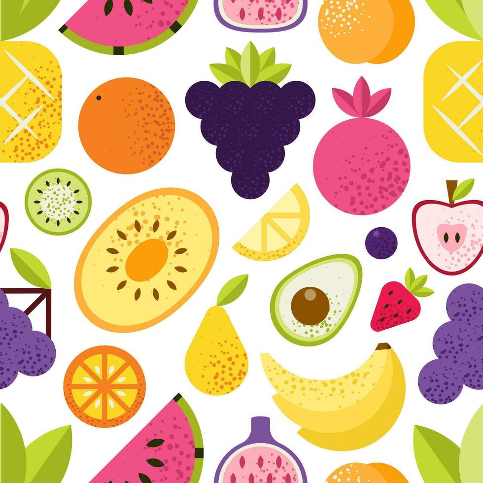 Seamless pattern with various tropical fruits and berries. Exotic print with fruits on white backdrop. Colorful pattern. Vector repeat background for colorful summer fabric.