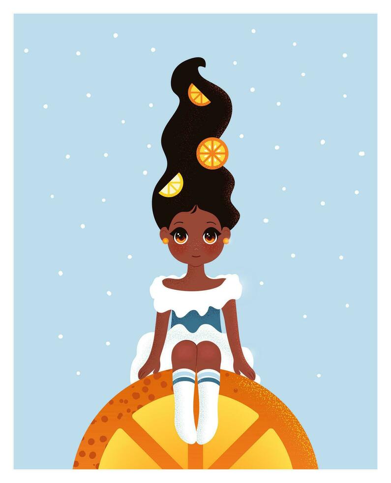 illustration with little african american girl sitting on a slice of orange. Cartoon poster in flat style with child and tropical fruits. Colorful vector art for print, postcard, celebration.