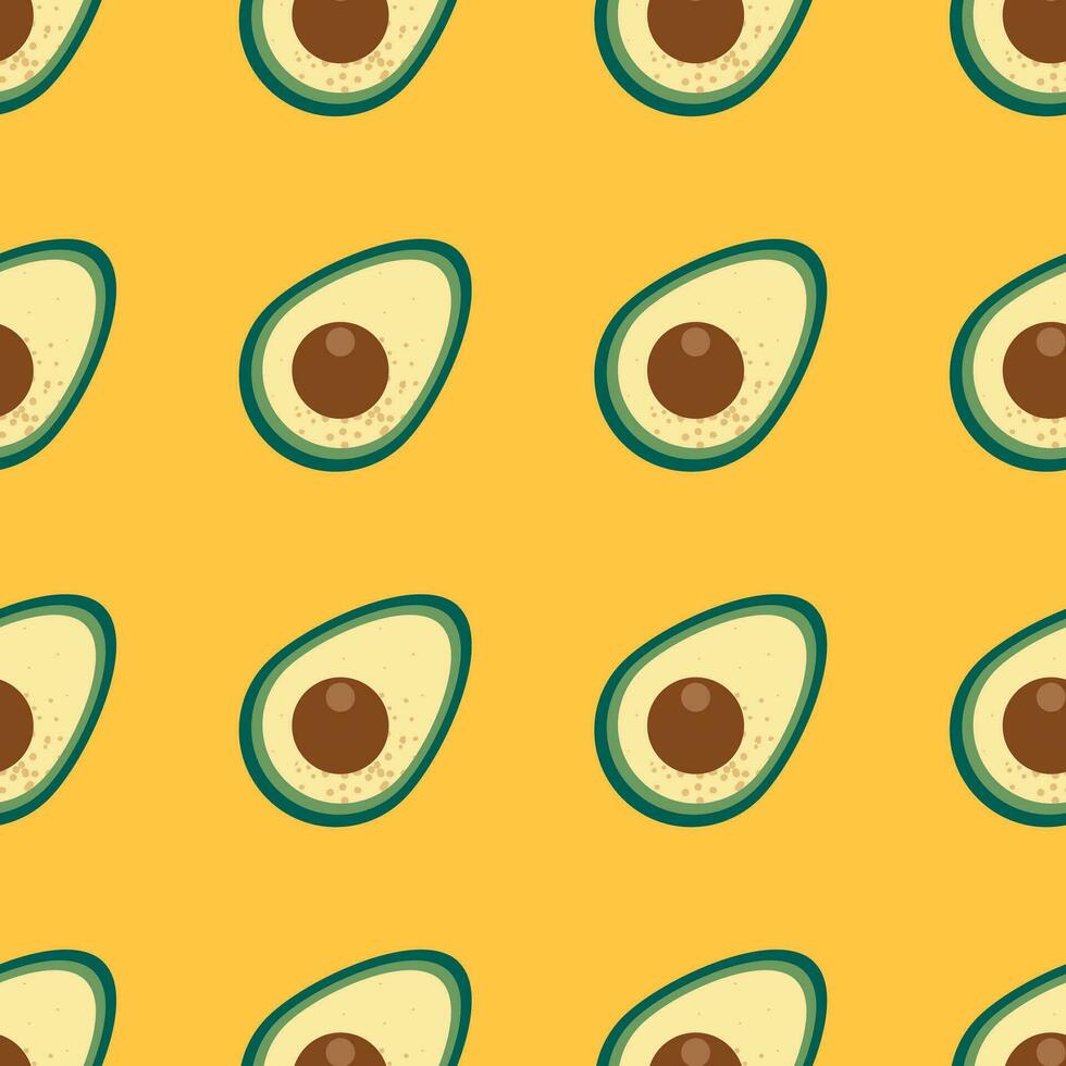 Seamless pattern with fresh green avocado on isolated yellow background. Trendy vector design for summer fashion textile prints and backgrounds. Vegetarian and healthy food.