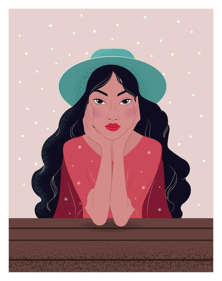 Portrait of beautiful young woman is sitting at a table, leaning on her hands. Brunette woman in dress and hat. Flat vector illustration. Art for poster, postcard, invitation, print, avatar and etc.