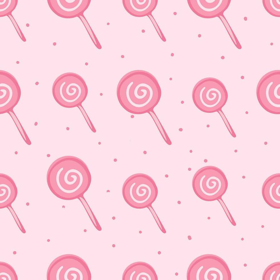 Cartoon seamless pattern with sweet lollipop on pink background. Colorful print with candy in flat style for kids. Vector tile for fabric, print, wrapper, textile. Background with food.