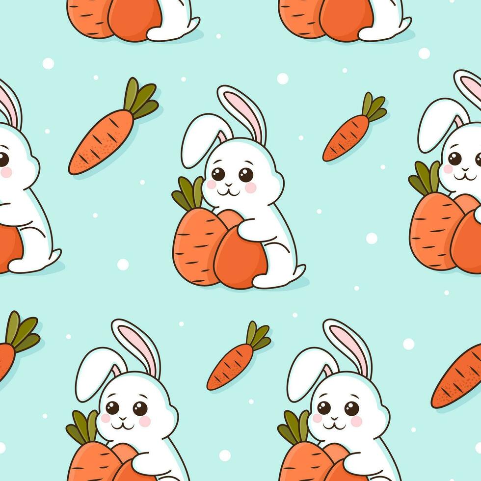 linda dibujos animados sin costura modelo con conejo, zanahorias y huevos en azul antecedentes. diseño con conejito para niños. vector loseta para tela, imprimir, envoltura, textil. gracioso conejos en plano estilo.