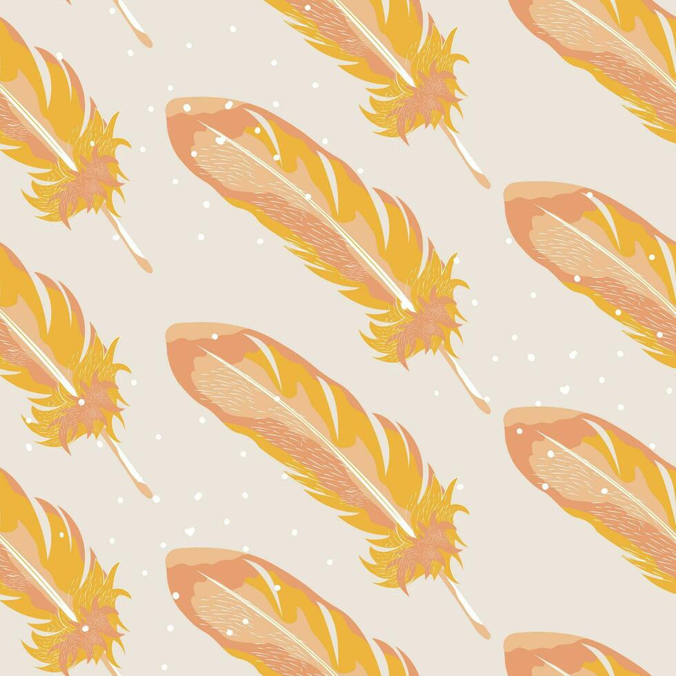 Abstract feather seamless pattern on pastel background. Cartoon tile for fabric design. Bird feather vector pattern.