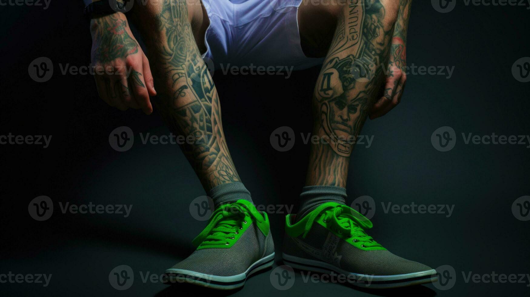 Fashionable Guy with Tattooed Leg and Stylish Sneakers in a Moody Room AI Generated photo