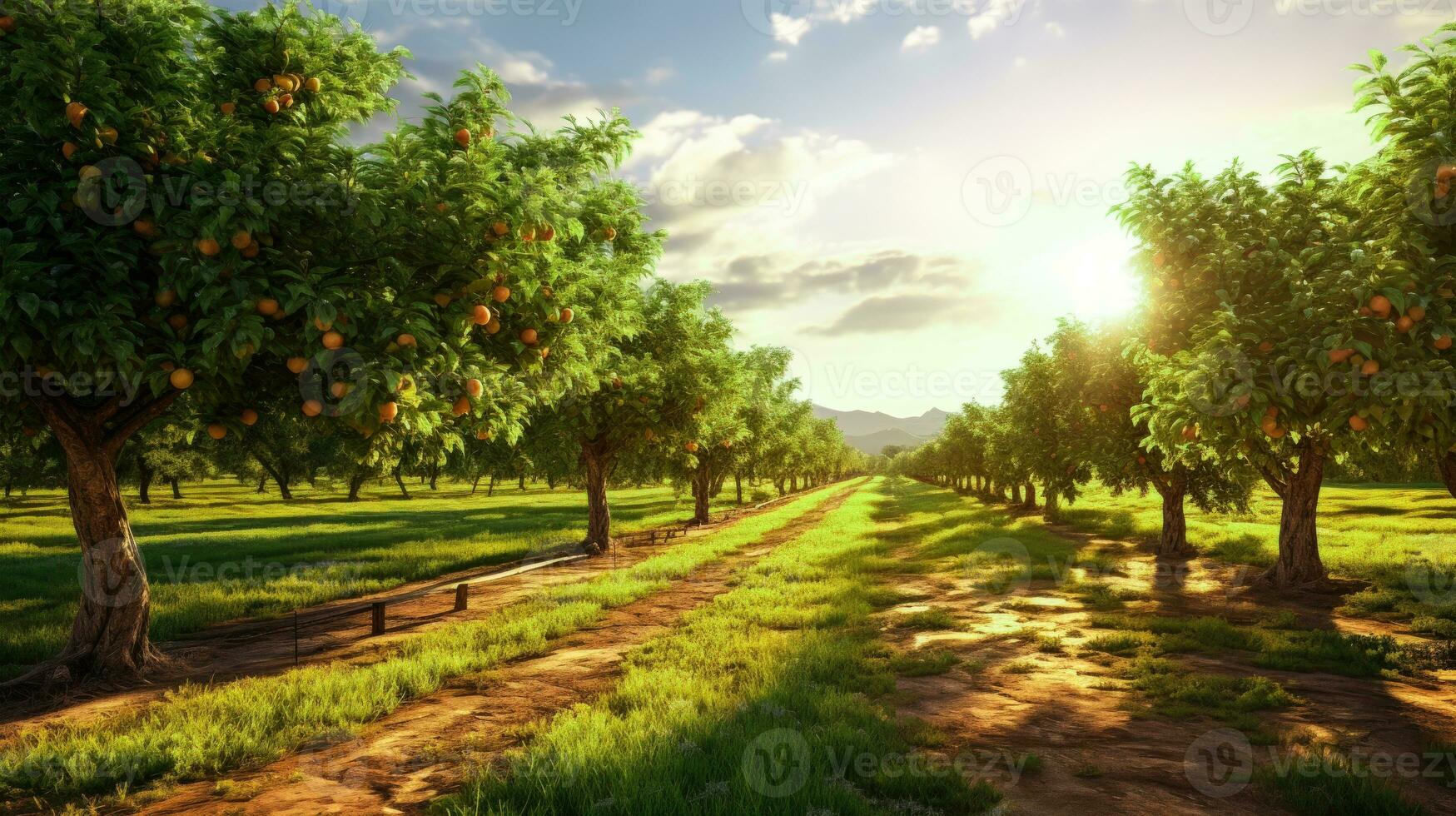 Orange Orchard at Dawn A Farm Landscape with Ripe Oranges and Mountain Views AI Generated photo